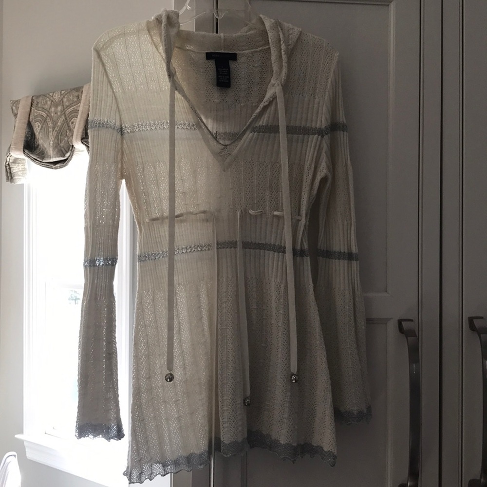 Knit long sleeve top with bell sleeves and hood